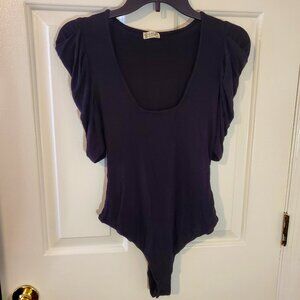 Free People Intimately Ava Puff Sleeve RibbedBodysuit in Black Size Small